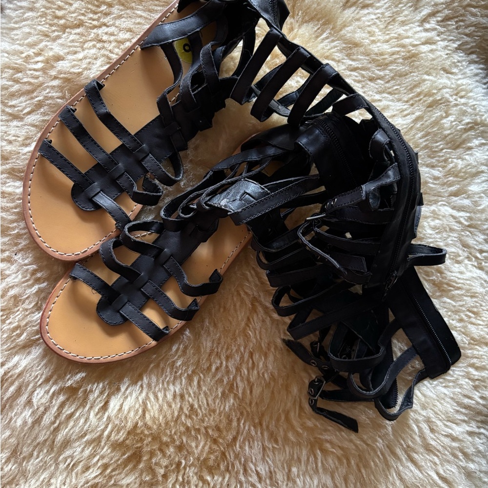 Sugar Black Strappy Gladiator Sandals with Tan Footbed